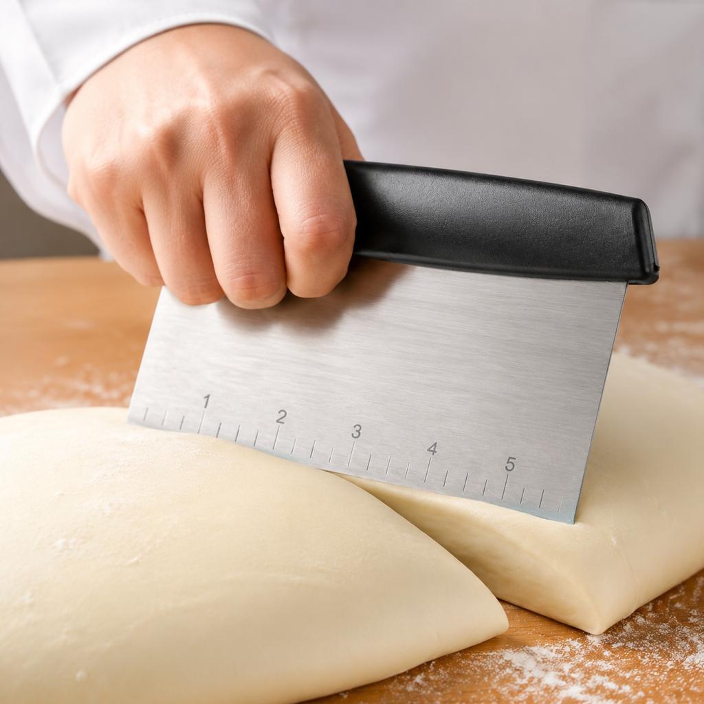 Stainless Steel Dough Scraper with Flat Blade and Measurement Markings for Baking and Cooking Kitchen Tool with Comfortable Handle