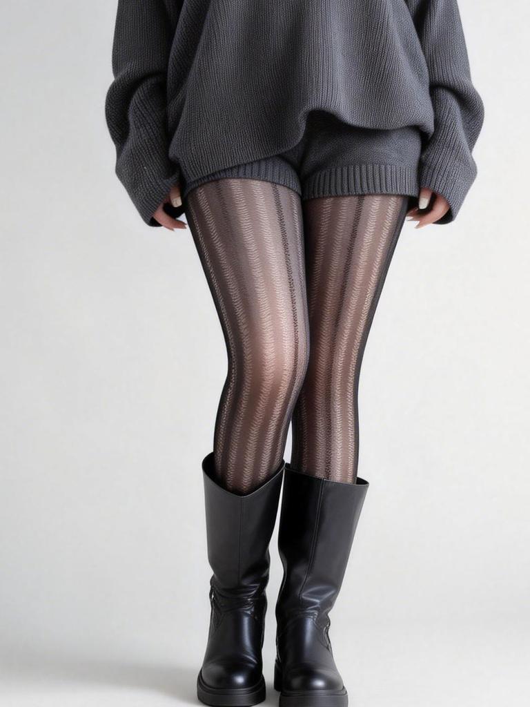 1 Pc Women'S Black Sheer Wave Pattern Pantyhose, Side Strip Slimming High-Stretch Hosiery, Ideal For Autumn Winter Daily Commute