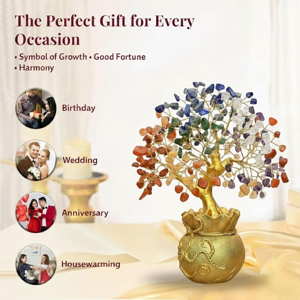 Feng Shui 7 Chakra Crystal Tree with Golden Money Bag Base/Natural Gemstone Decorative Showpiece Bonsai Tree for Home & Office Decor