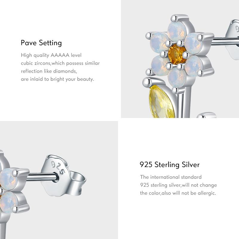 MODIAN 925 Sterling Silber Schlichte Blumenopal-Ohrstecker Elegante Kristallohrstecker für Frauen Trendy Glänzende Ohrstecker Feiner Schmuck Geschenk