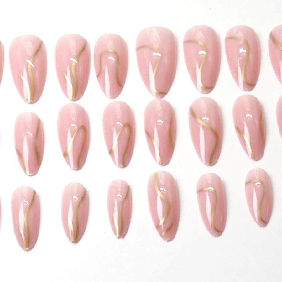 Glänzende Goldwellenmuster Mandelrosa Nägel - 24 Stück Tragbare Nagelkunst