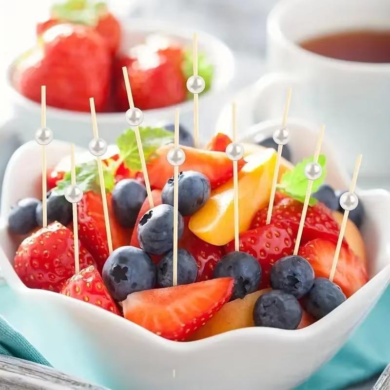 100PCS Disposable Pearl Toothpicks Disposable Bamboo Skewers Fruit Appetizers Cake Desserts Forks Wedding Party Supplies