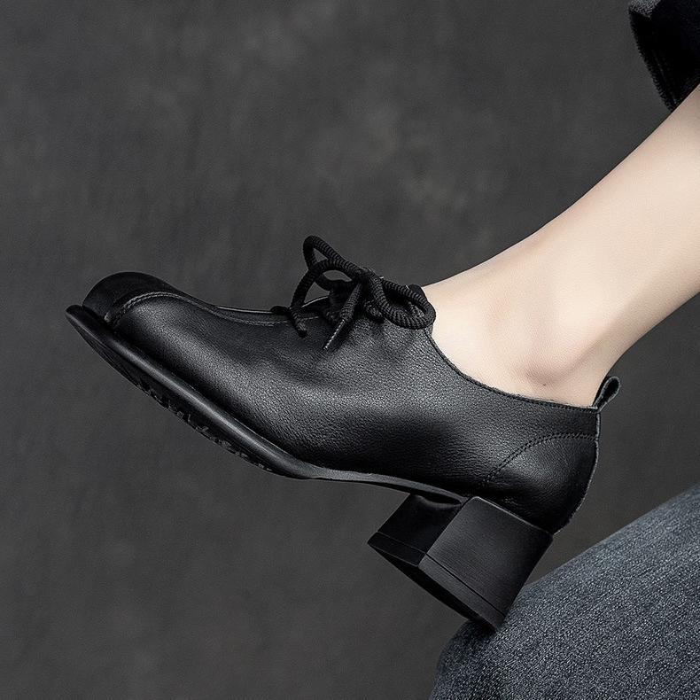 Johnature Retro-Damenschuhe mit mittelhohen Absätzen, einfarbige Pumps, echtes Leder, runde Zehen, handgefertigte Schnürschuhe