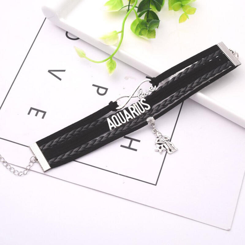 Lucky/Health Metal Zodiac Pendant Leather Bracelet