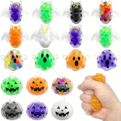 15Pcs Random Color Novelty Halloween Beads Balls Squeeze Toys Ghost Bat Pumpkin Stress Relief Creative Decompression Toys Holiday Gift