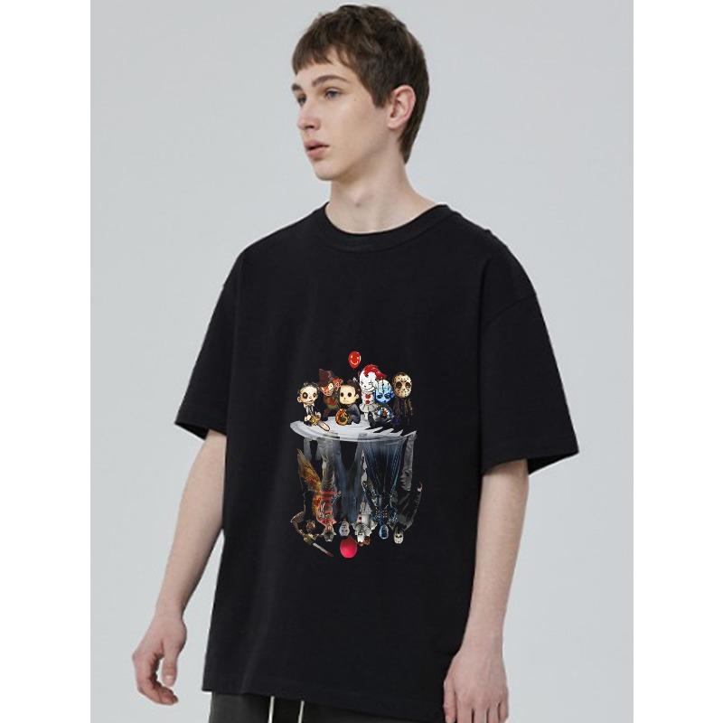 Black T Shirt with Horror Characters and Reflection Print for Casual Wear