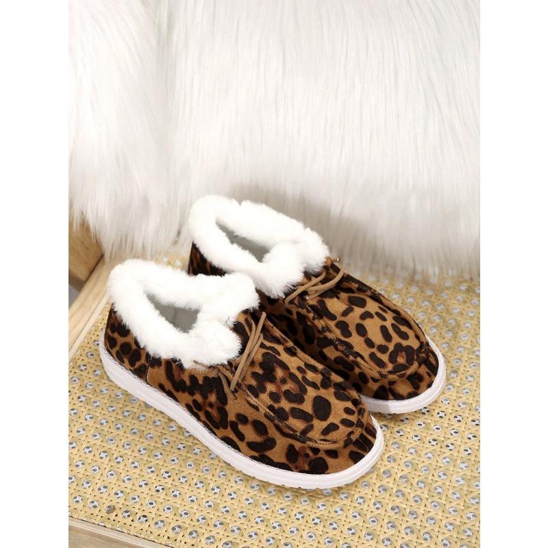 Dámské boty nadměrné velikosti s leopardím vzorem, podšité fleecem, střední výška, zimní novinka, nazouvací, měkké, teplé