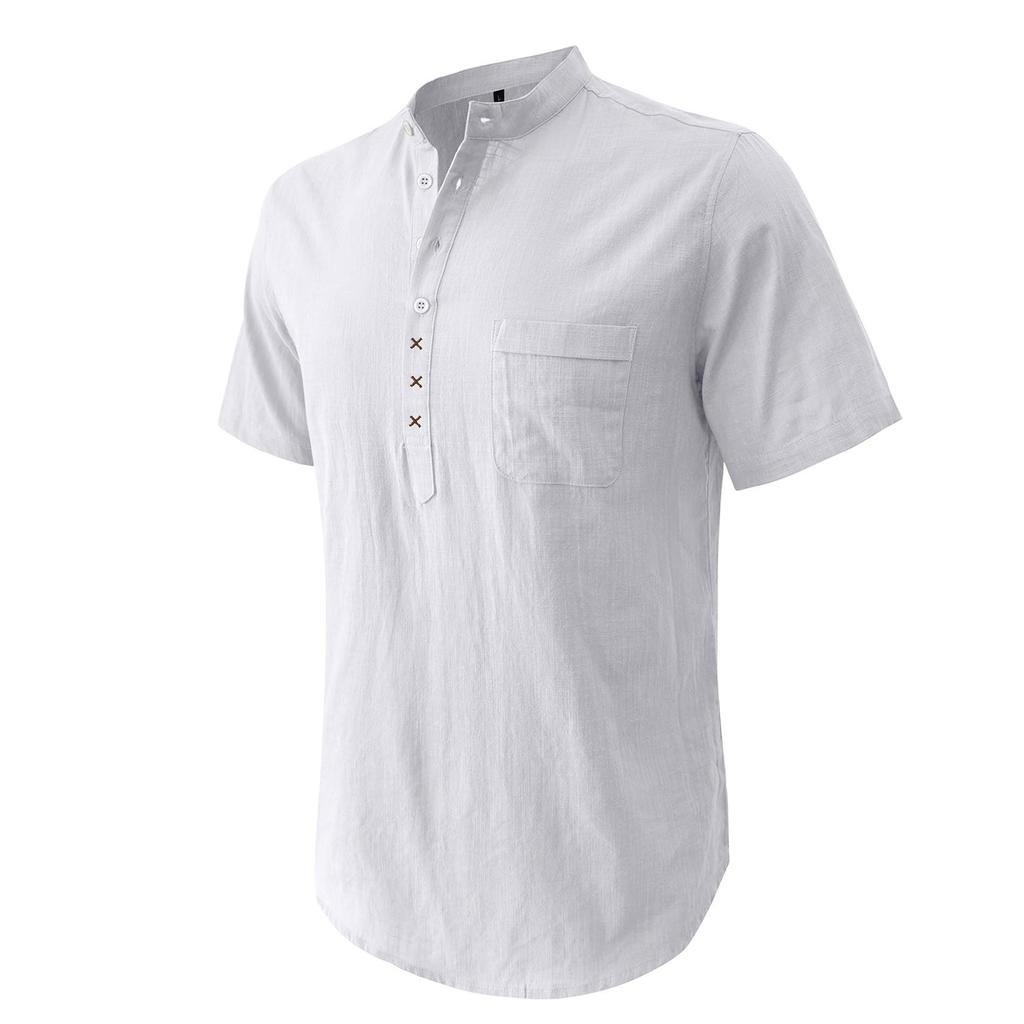 Cotton Linen Shirts for Men Solid Color Short Sleeves Henley Collar Loose Shirt Holiday Hawaiian Beach Casual Wear Comfy Fashion Menswear