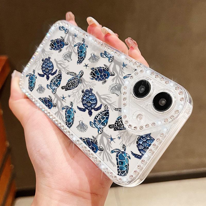 Diamond Frame Clear Phone Case For iPhone 16E 16 Pro Max 15 Pro 14 13 12 11 Whale Turtle Pattern Soft Silicone Shockproof Cover