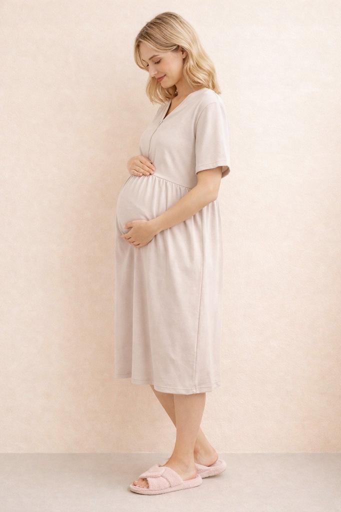 Maternity Nursing Shirt 3Xl 100% Cotton Short Sleeve Zipper Beige