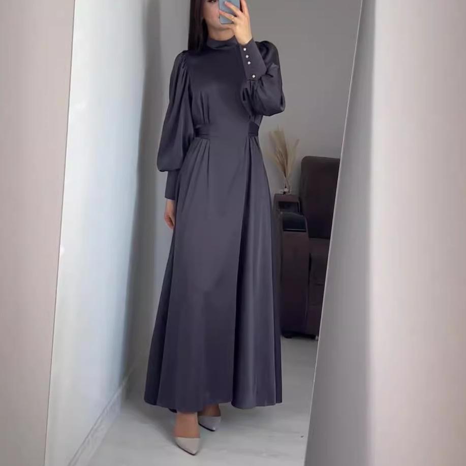 

Elegant Satin Long-Sleeve High-Neck Dress for Women Large