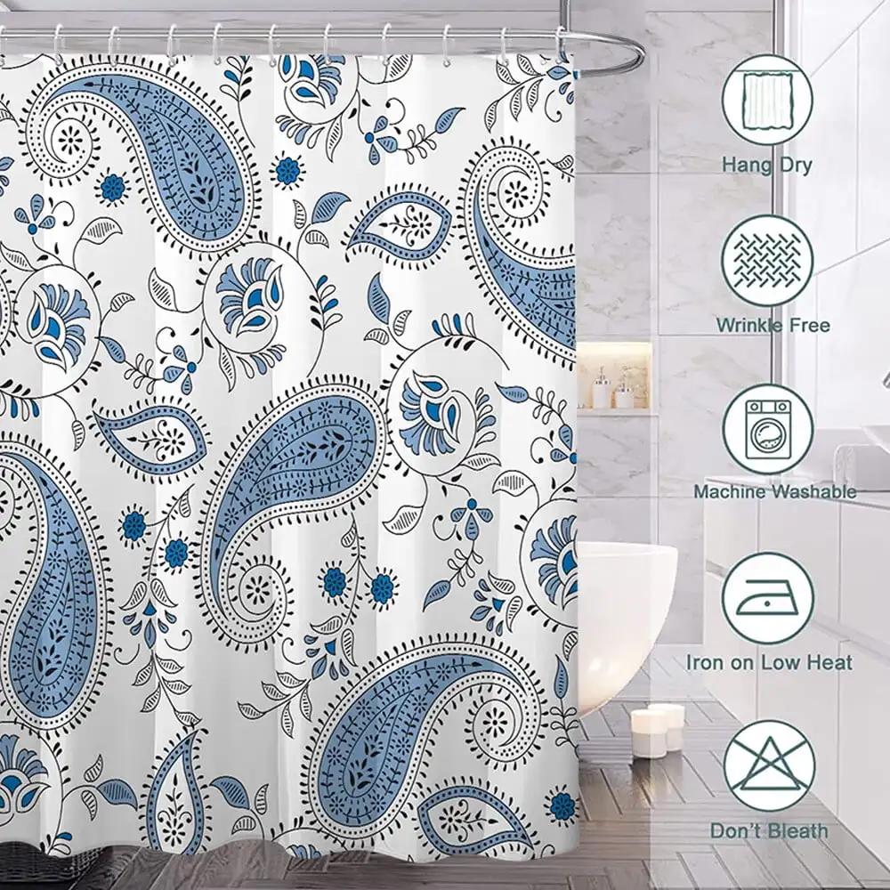 Bohemia Paisley Floral Shower Curtain,Boho Blue White Flower Bathroom Curtains,Lush Blooms Stall Bath Curtain with12 Hooks 72x72