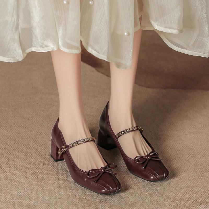 

Весенний темперамент одинарная обувь женская бант высокие каблуки высококлассный толстый каблук квадратный носок слово с Мэри Джейн ретро 40