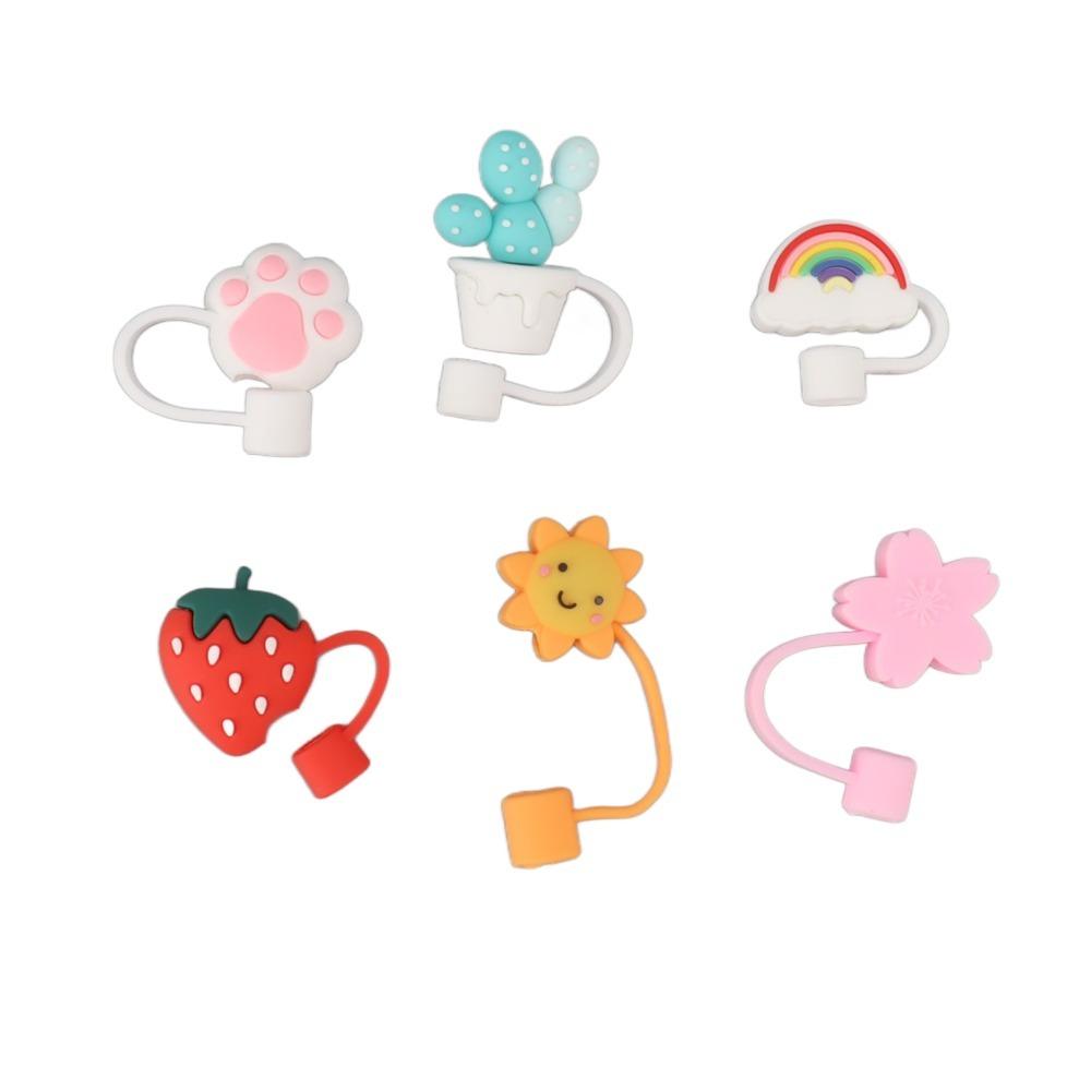 

6Pcs Silicone Straw Cover Cap Cartoon Cute Straw Plugs Leak-Proof Pull Out Design Drinking Tube Tips Outdoor Activities