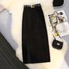 Hong Kong Style High-Waist Corduroy Split Midi A-Line Skirt with Belt for Women - Autumn/Winter