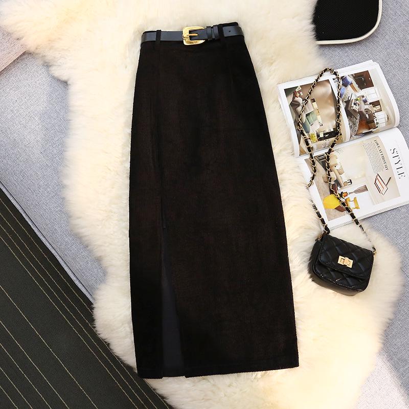 Hong Kong Style High-Waist Corduroy Split Midi A-Line Skirt with Belt for Women - Autumn/Winter