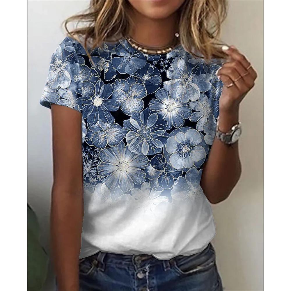 Flower Print t-shirt Women 3d flower Printing O-neck T-shirt Fashion Y2k Clothes Summer Oversized y2k Tshirt Women Clothing TOPS