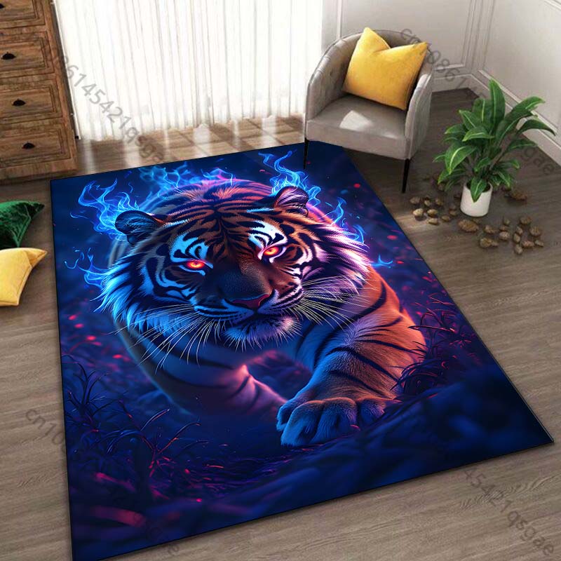 1PC Tiger, blue flames, fantasy Print Carpet Rug for Living Room Bedroom Sofa Doormat Home Decor Non-slip Floor Mat