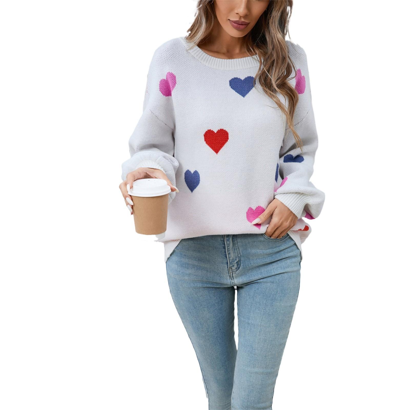 

Женский свободный повседневный модный свитер с круглым вырезом и сердечком, вязаный свитер-рубашка XL белый