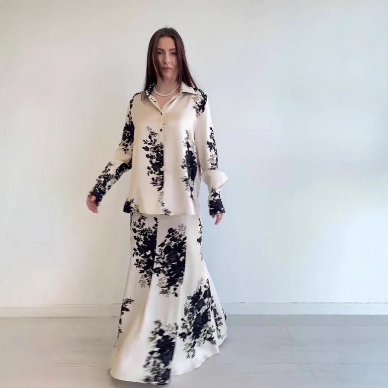 2025 Spring Satin Button Shirt & Midi Skirt Fashion Set for Women