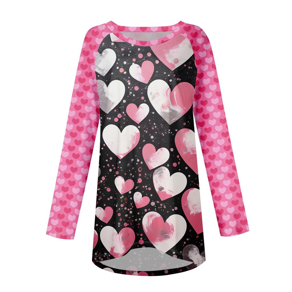 Women's Fashionable Loose Mid-length Round Neck Pullover Valentine's Day Printed Raglan Sleeves Long-sleeved Casual Top