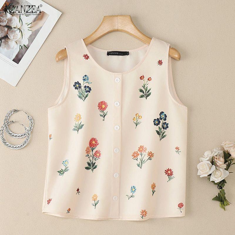 ZANZEA Women Floral Print Summer Casual Round Neck Sleeveless Tank Tops