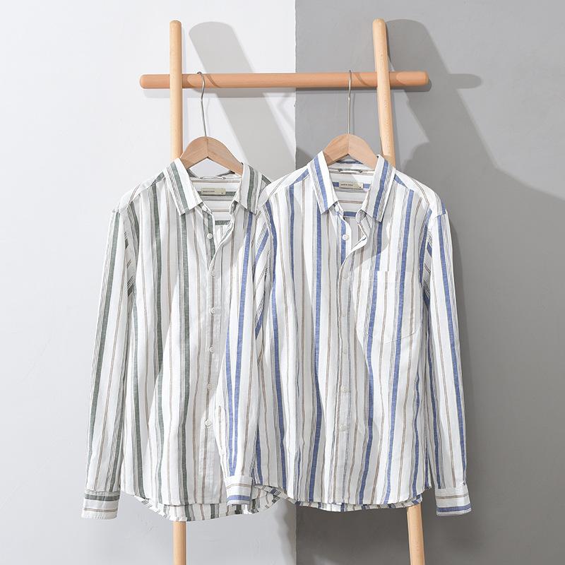 Spring and Summer Cotton Linen Men Tops Japanese Style Square Stripes Long Sleeve Shirt Youth Breathable Shirts for Men