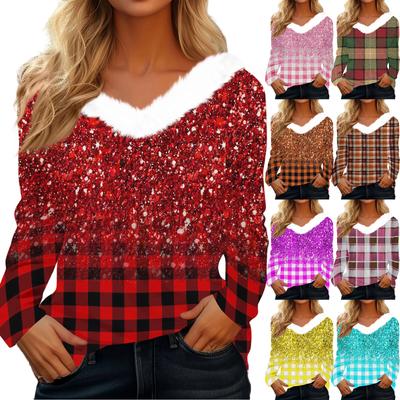 Women's Fashion Long Sleeve Plaid Print Fleece Collar V-Neck Top
