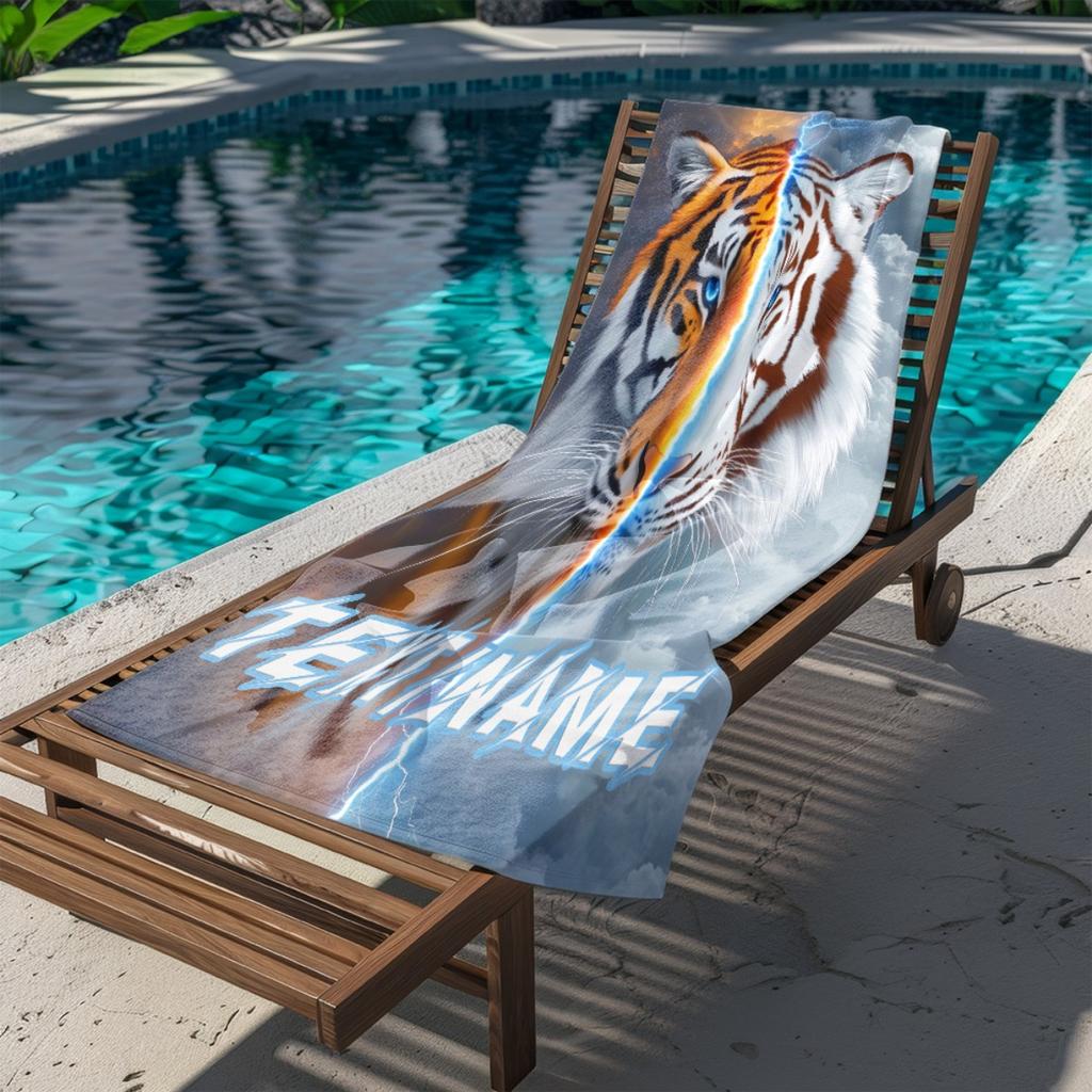 Custom Double Tiger Beach Towel Orange White Tiger Print Personalized Name Microfiber Sand Free Quick Dry Gift