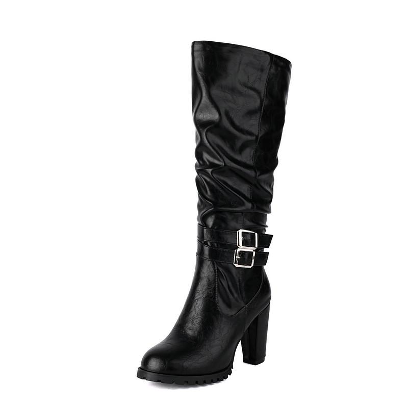 Knight boots round head thick sole thick heel super high heel autumn and winter side zipper but knee boots belt buckle women's high boots