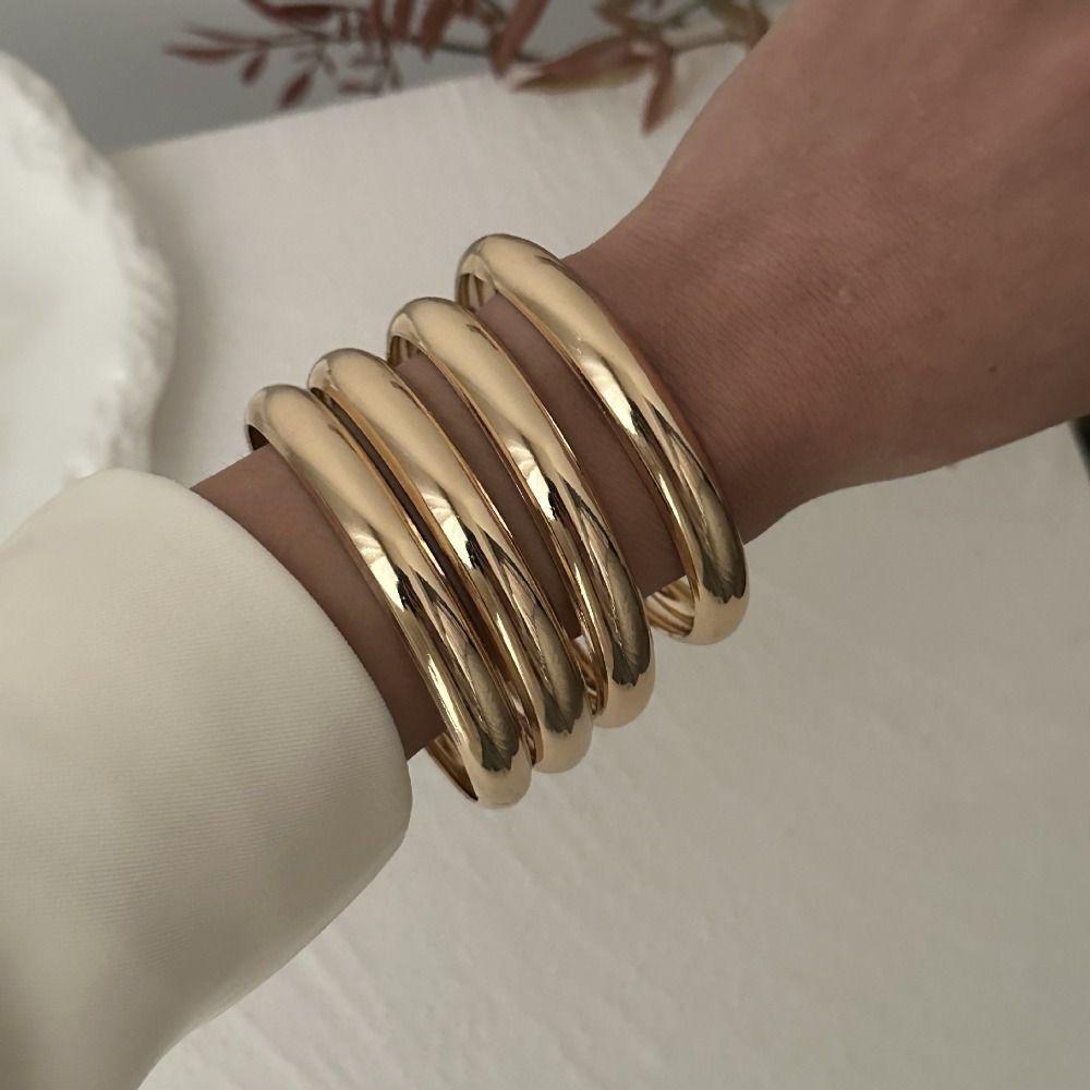 4Pcs/Set Waterproof Simple Round Bangles Sets Gold Silver Smooth Multilayer Bracelet  Summer