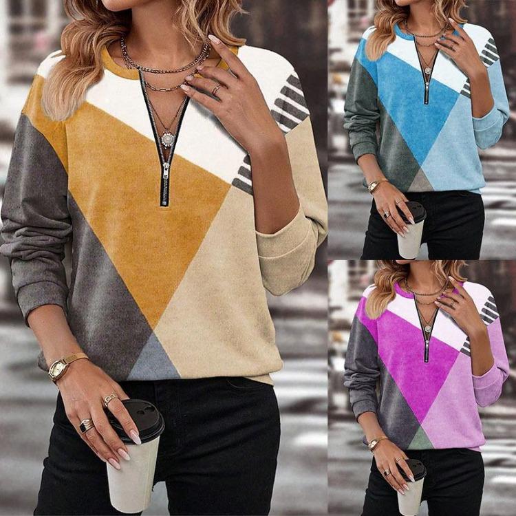 Loose Long Sleeve V Neck Color Block Zipper Hoodie Sweatshirt Winter Autumn