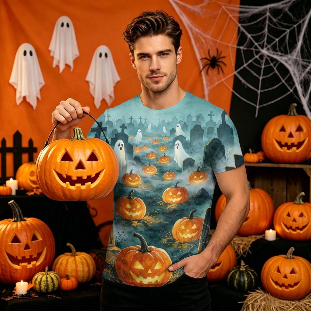 Men's Short Sleeve Halloween Print Round Neck T-Shirt for Casual Party Wear