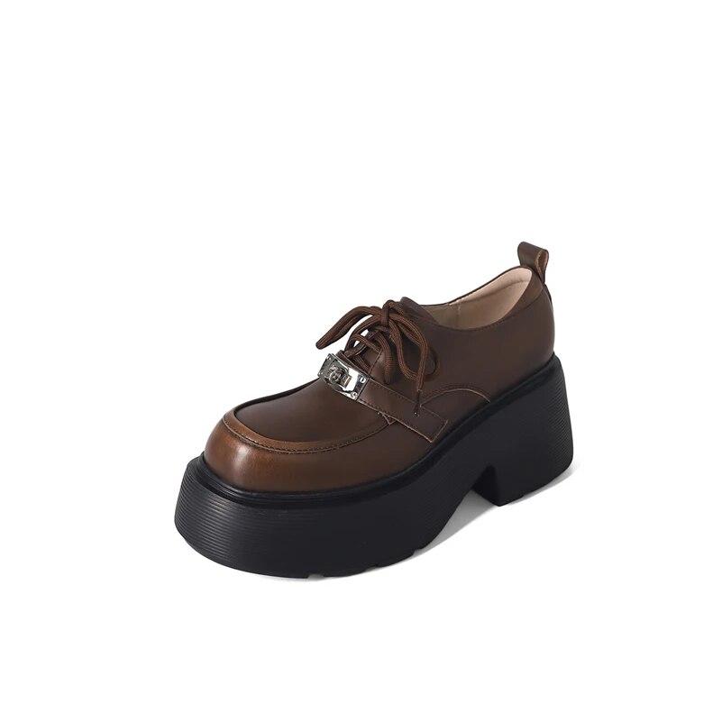 

Meotina/женские туфли-лодочки из натуральной кожи, женская модная обувь на платформе с круглым носком, на толстом высоком каблуке со шнуровкой и украшением из металла, весна-осень 34 коричневый
