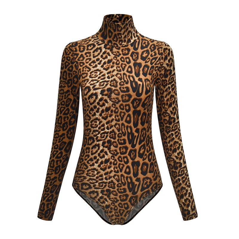 SCIONE Women Tight High Waist Knit Casual Jumpsuit High Collar Long Sleeve Sexy Leopard Jumpsuit