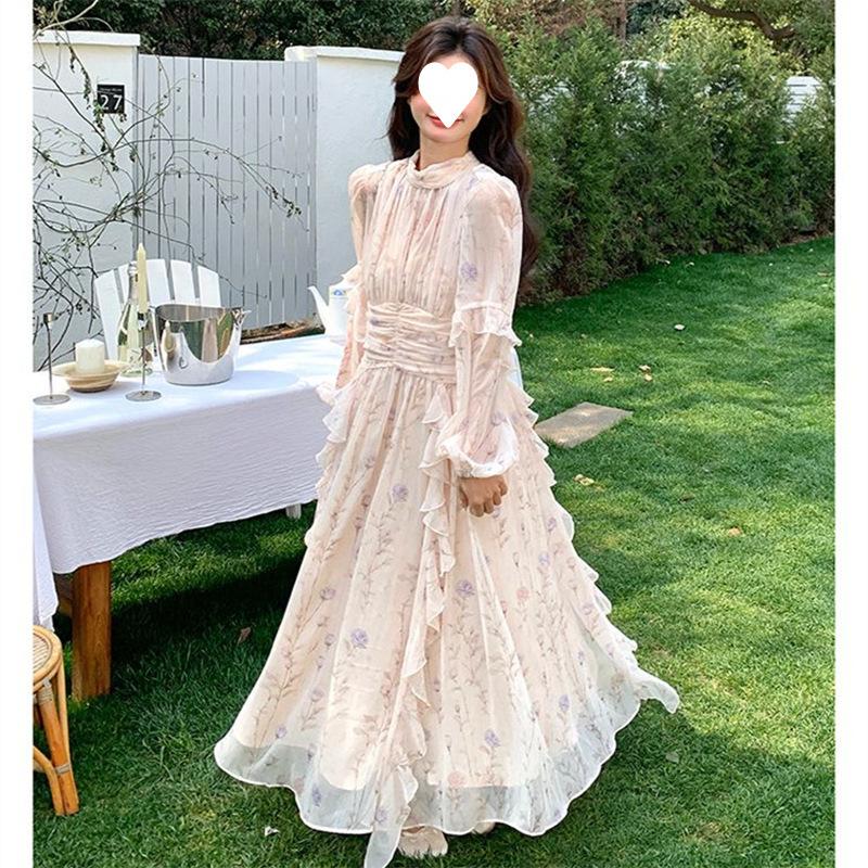 French Floral Dress Chiffon Long Dress Long Sleeve Skirt Autumn Senior Wear Dress Women's New Gentle Wind