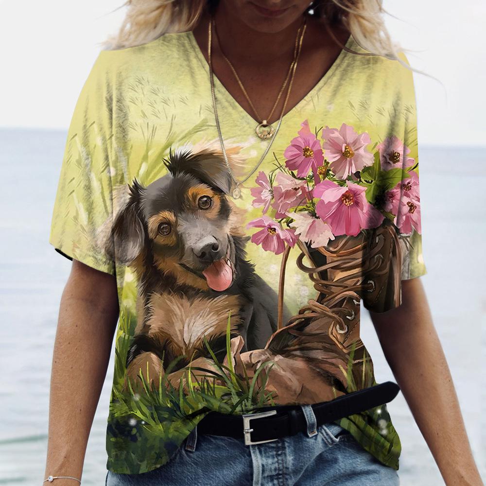 Summer V-neck 3D Dog Printed Top Fashionable Casual Short Sleeved Women's T-shirts