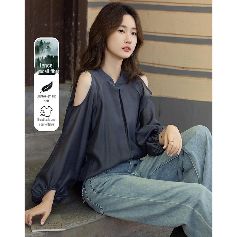 Demana Lyocell Blend Cold Shoulder Lantern Sleeve Shirt S