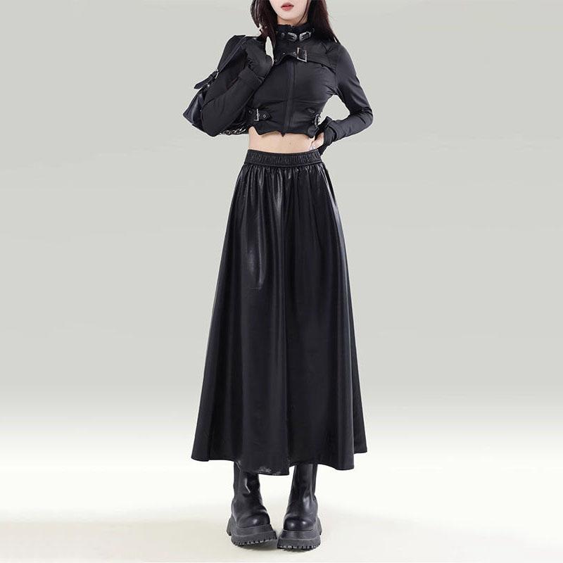 Vintage Autumn Winter New Skirts Women Solid Elastic High Waist Pleated Maillard Fashion A-line Slim Mid-length Pu Leather Skirt