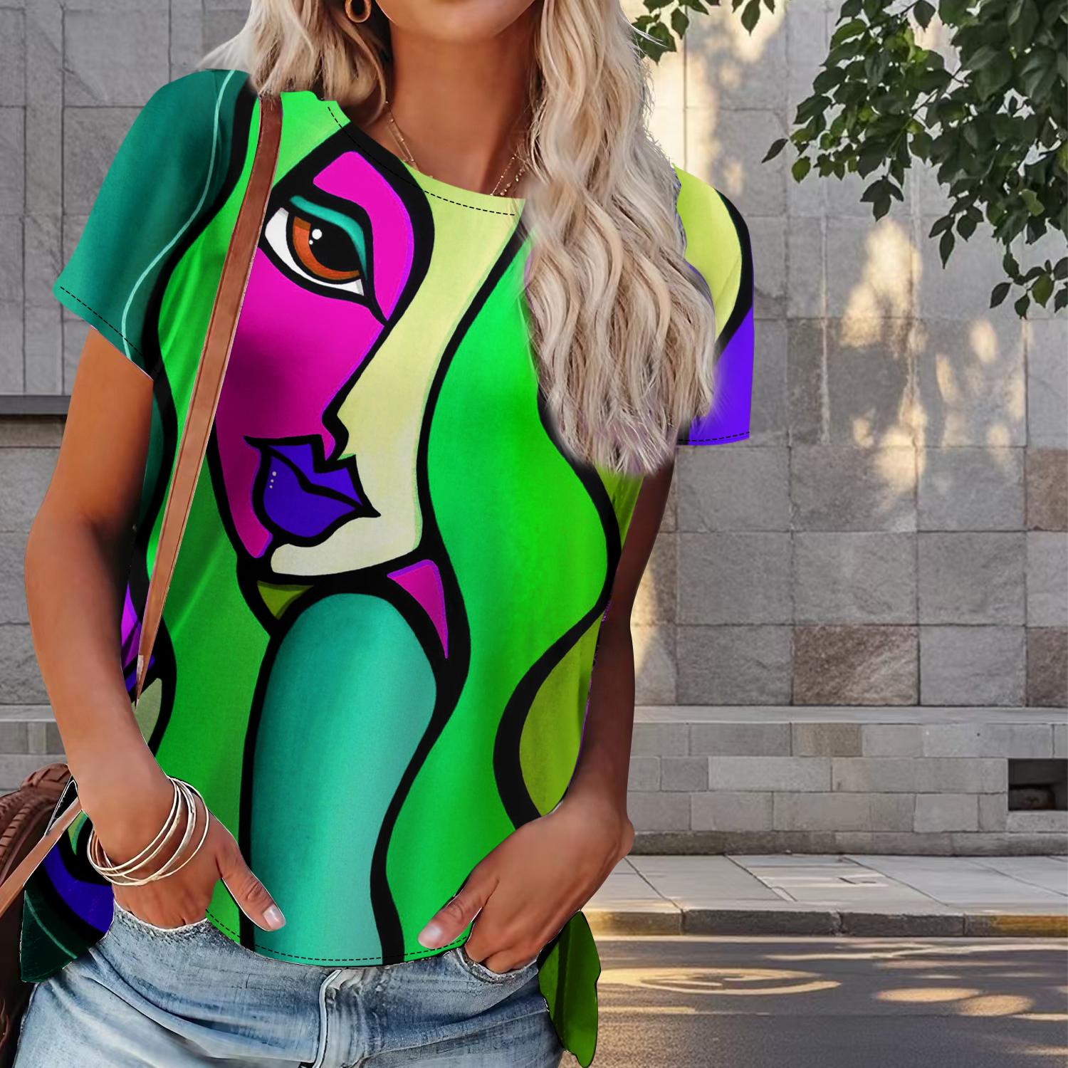 

Женская летняя футболка с короткими штрихами и принтом в стиле ретро, футболки с коротким рукавом, повседневные топы с принтом 3XL зелёный