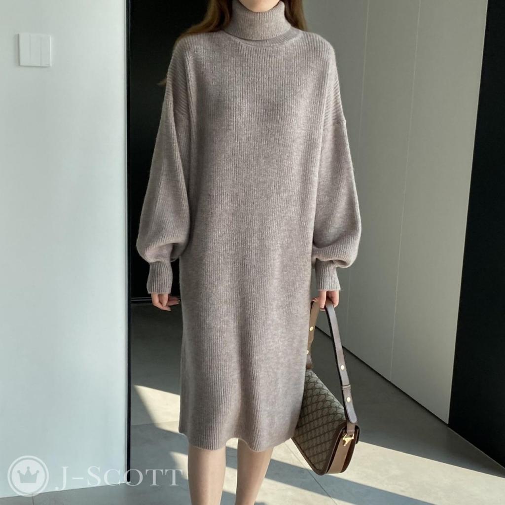 Knit Turtleneck Drop Shoulder Volume Sleeve Midi Length French Dowel Clothes Effect Large One Piece Puff Sleeves Delicate Look Loose Cute Off