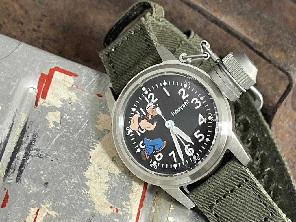 Military Buships Green Cloth Strap M.R.M.W. Men's Watch, Popeye,