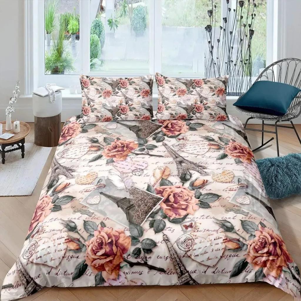 Eiffel Tower Paris France Old Newspaper Style 3D Duvet Cover Bedding Set Comforter Linen Pillowcases Home Decor Single Double