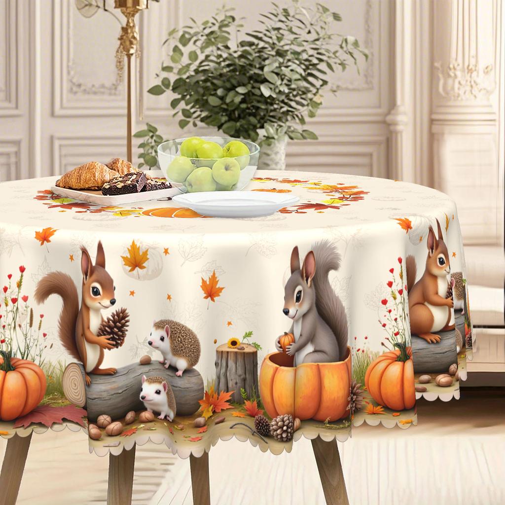 Cute Little Squirrel With Golden Pumpkin, Pastoral Waterproof Tablecloth Between Maple Leaves And Acorns Thanksgiving Decoration