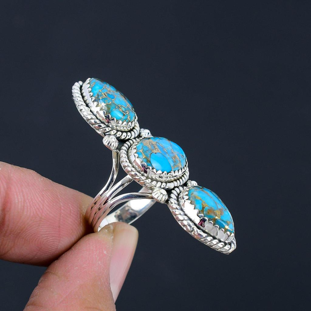 Blå Koppar Turkos Ädelsten Solid 925 Sterling Silver Tre Stenar Handgjord Statement Ring Smycken