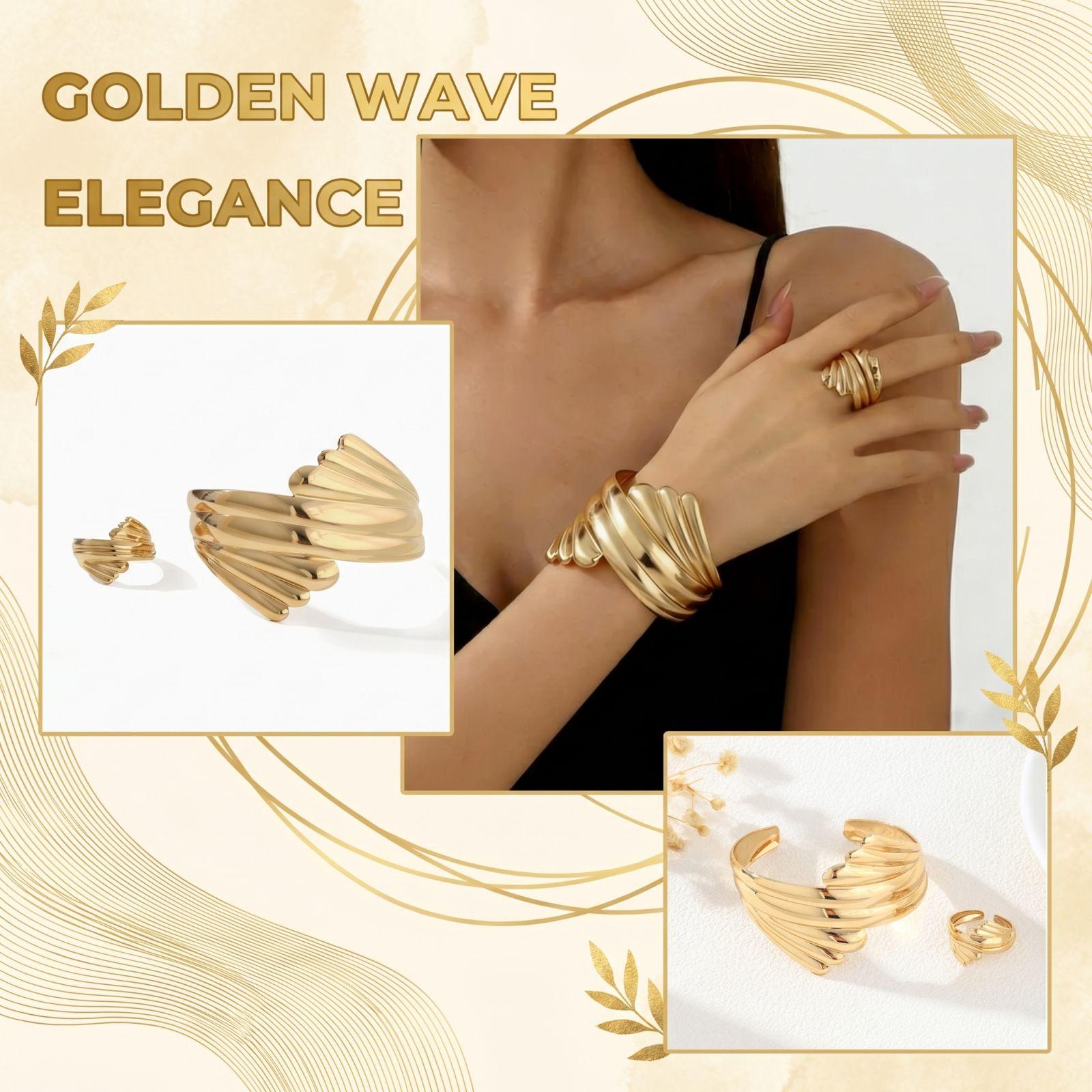 

Fashionable Minimalist Line Texture Bracelet And Ring One Size золотой