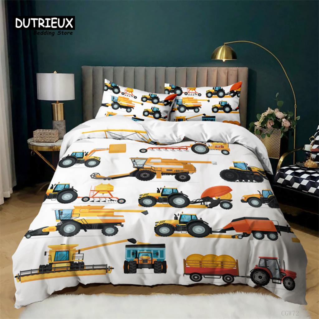 Boys Cartoon Car Duvet Cover Twin King Kids Construction Vehicles Bedding Set Microfiber Cartoon Machinery Truck Comforter Cover