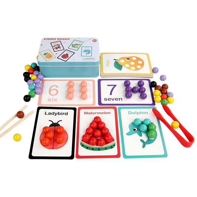 Wooden Number Matching Clip Bead Beads Number Cognitive Bead Game with Cartoon Cards Montessoris Educational Toy for Kids