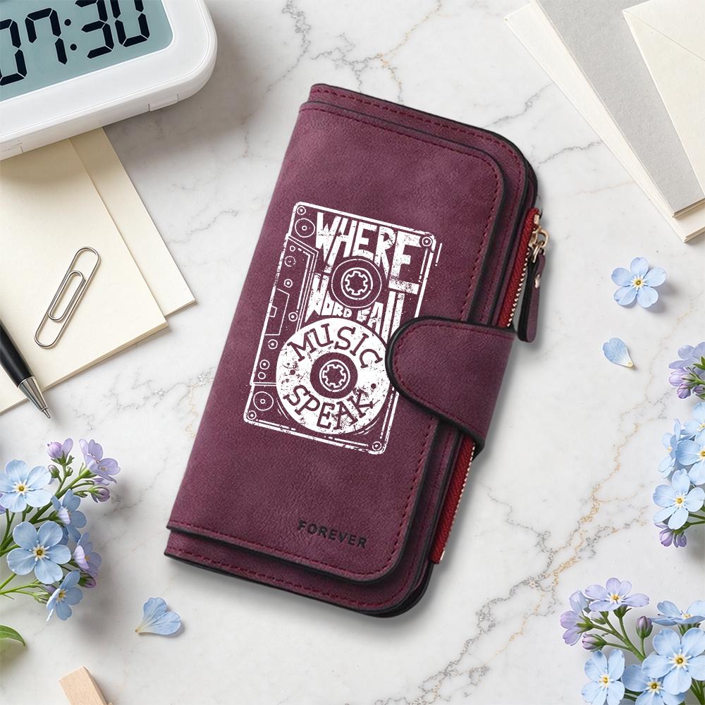 Vintage Music Print Long Wallet Casual PU Leather Multi Card Slot Daily Use Purse