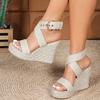 Women's Beige Espadrille Wedge Sandals - Ankle Buckle, Open Toe, Thick Sole, Strappy Summer Fashion Heels